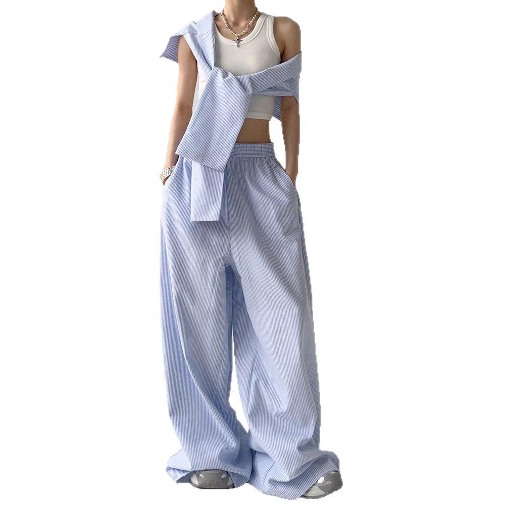Fashionable Blue Striped High-Waisted Wide-Leg Pants with Lace-Up Waist, Perfect for Spring and Autumn, Available Now