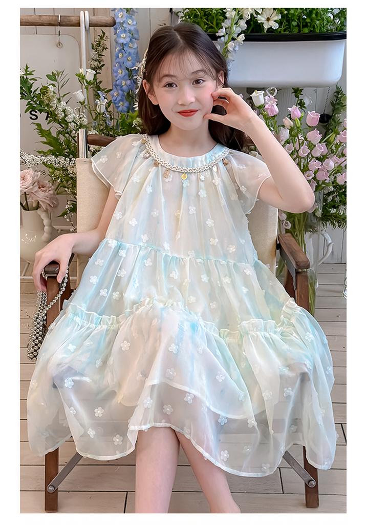 2026 New Girls' Sweet Dress Summer New Short Sleeved, Mid Length, Western-style Princess Dress Summer Cute Style