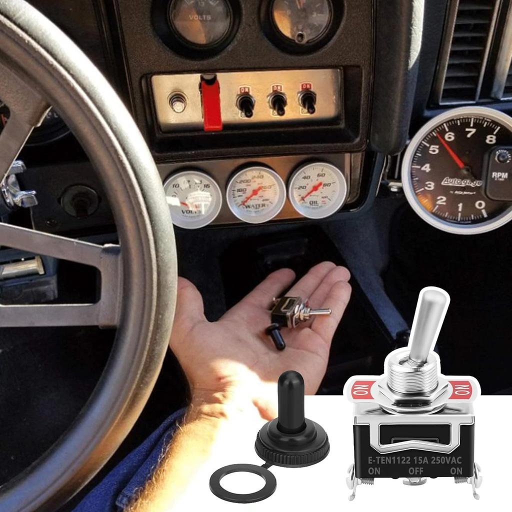 3 Way Toggle Switch, 3 Position ON-OFF-ON, 3 Pin, Black, with 2 Waterproof Boot Caps, 15A 250VAC for Ignition & Pressurization, Universal Fits Car