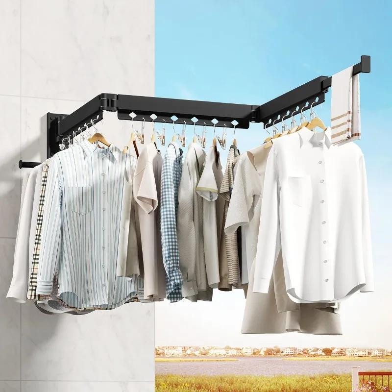 Wall Mounted Clothes Hanger Rack - Extendable Drying Rack with Mounting Brackets