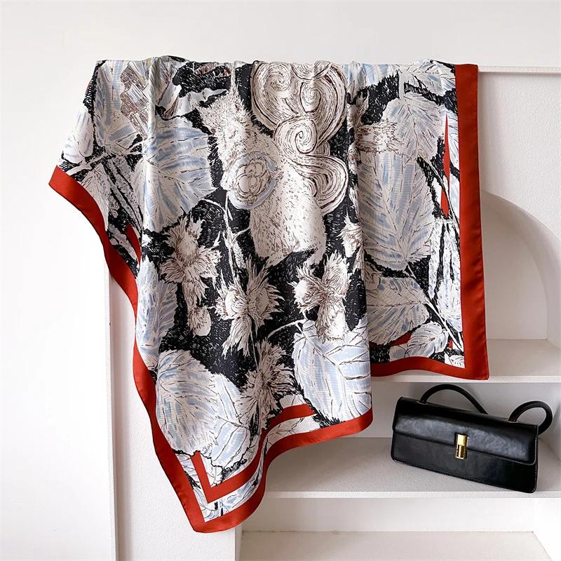 New 90cm Abstract Plants Print Square Silk Feeling Twill Scarf Women Spring Hair Band Hijab Foulard Neckerchief Shawl Wraps 2025