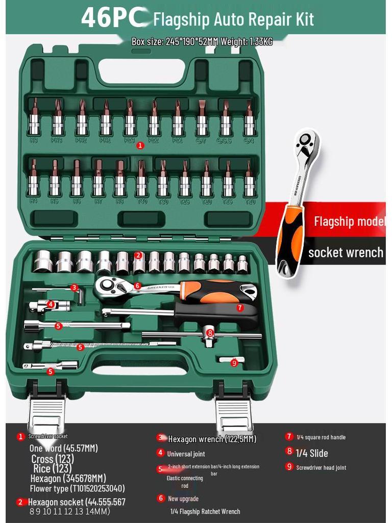 Green Forest Auto Repair Tool Set: Socket Wrench, Ratchet, Combination Tool Box.