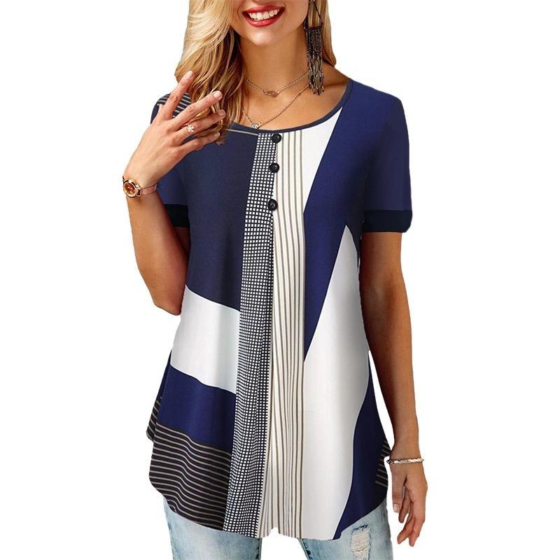 Sommer Frauen Lose Beiläufige Tops Koreanische Weibliche Gestreiften Gitter Gedruckt O Hals Kurzen Ärmeln Plus Größe Mom Chiffon T Shirts