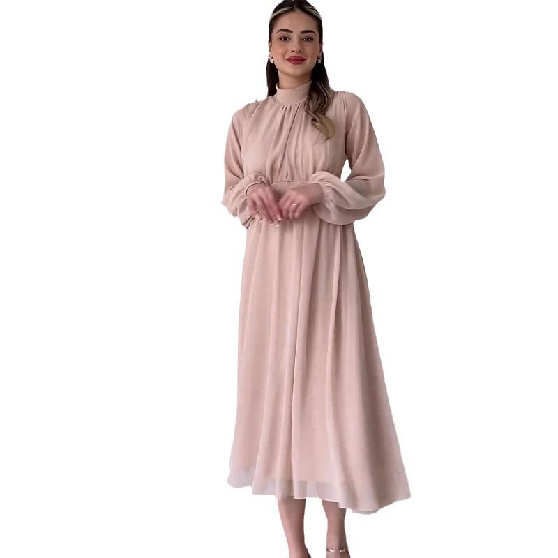 2024 Herbst Damen Einfarbig Rundhals Rüschen Langkleid