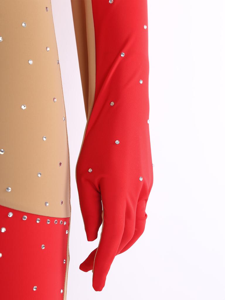 Unitard Lucios cu Strass-uri pentru Gimnastică Feminină, cu Mâneci Lungi și Mănuși, cu Picior, Culoare Contrastantă, Body pentru Patinaj Artistic