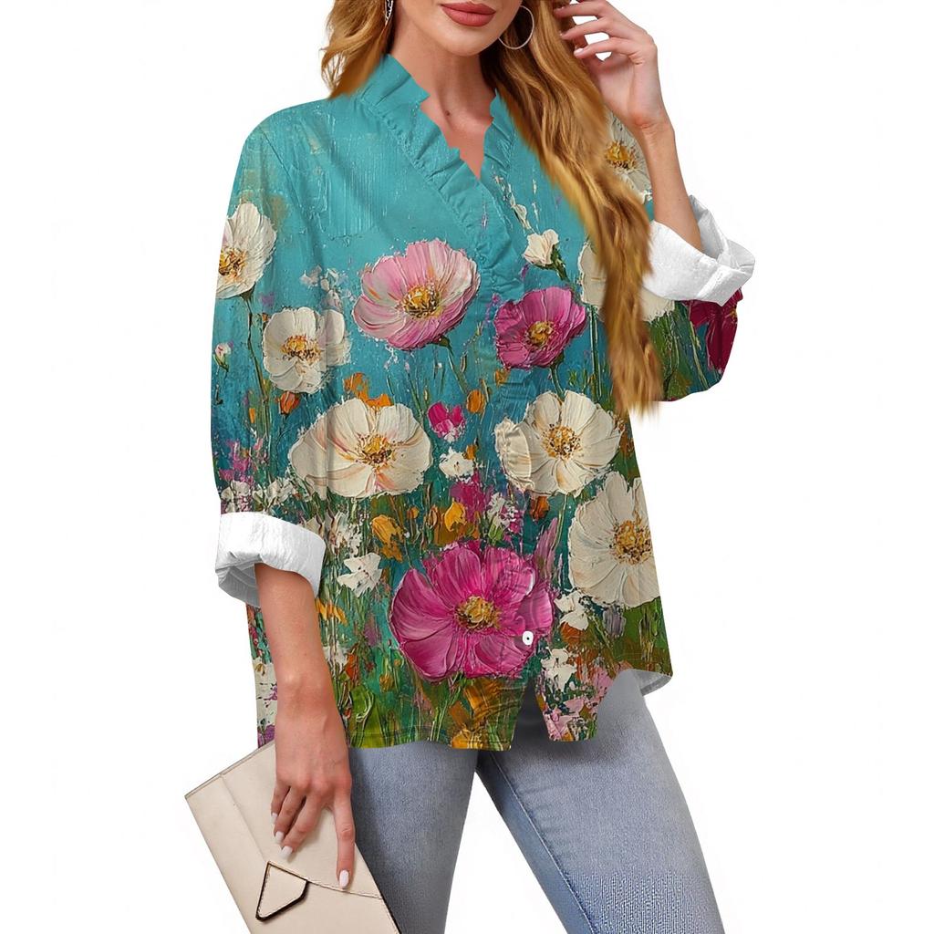 Women's Loose Ruffled Retro Floral Print Stand Collar Long Sleeve Cotton And Linen Top
