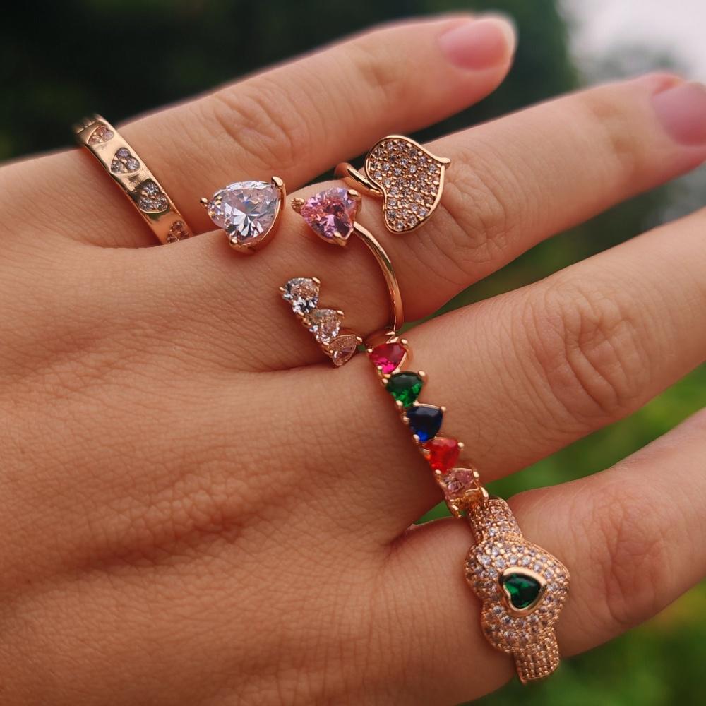 1 Piece Fashion Colorful Zircon Heart Shape Opening Adjustable Rings for Women Stackable Ring Jewelry Wedding Party Accessories