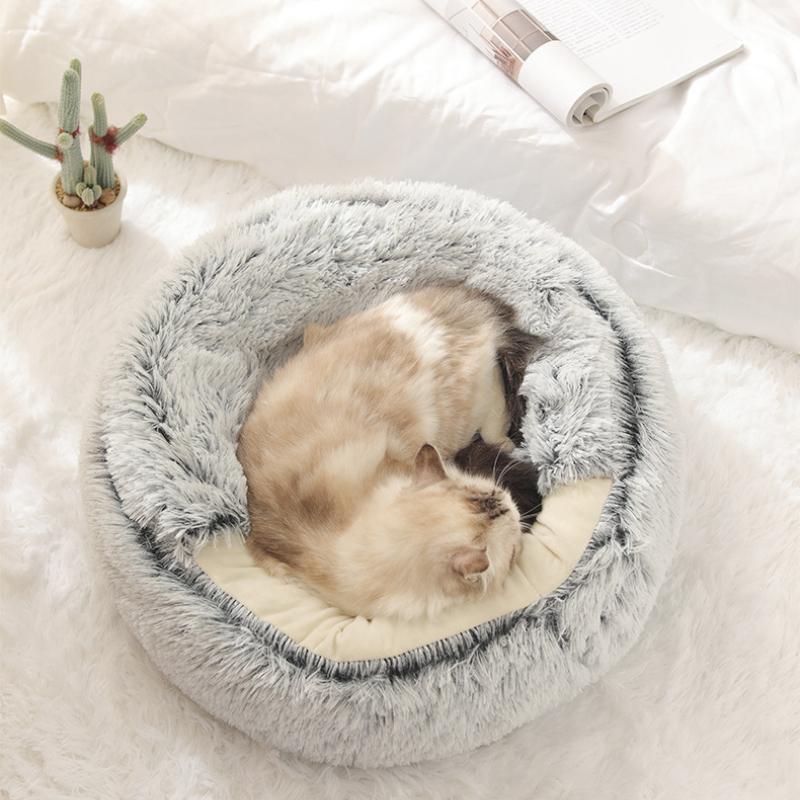 Winter Warm Rond Kattenhuis Bed Nestkussen Zacht Lang Pluche Huisdierbed voor Kleine Honden Kattenmat Nestbedkussen