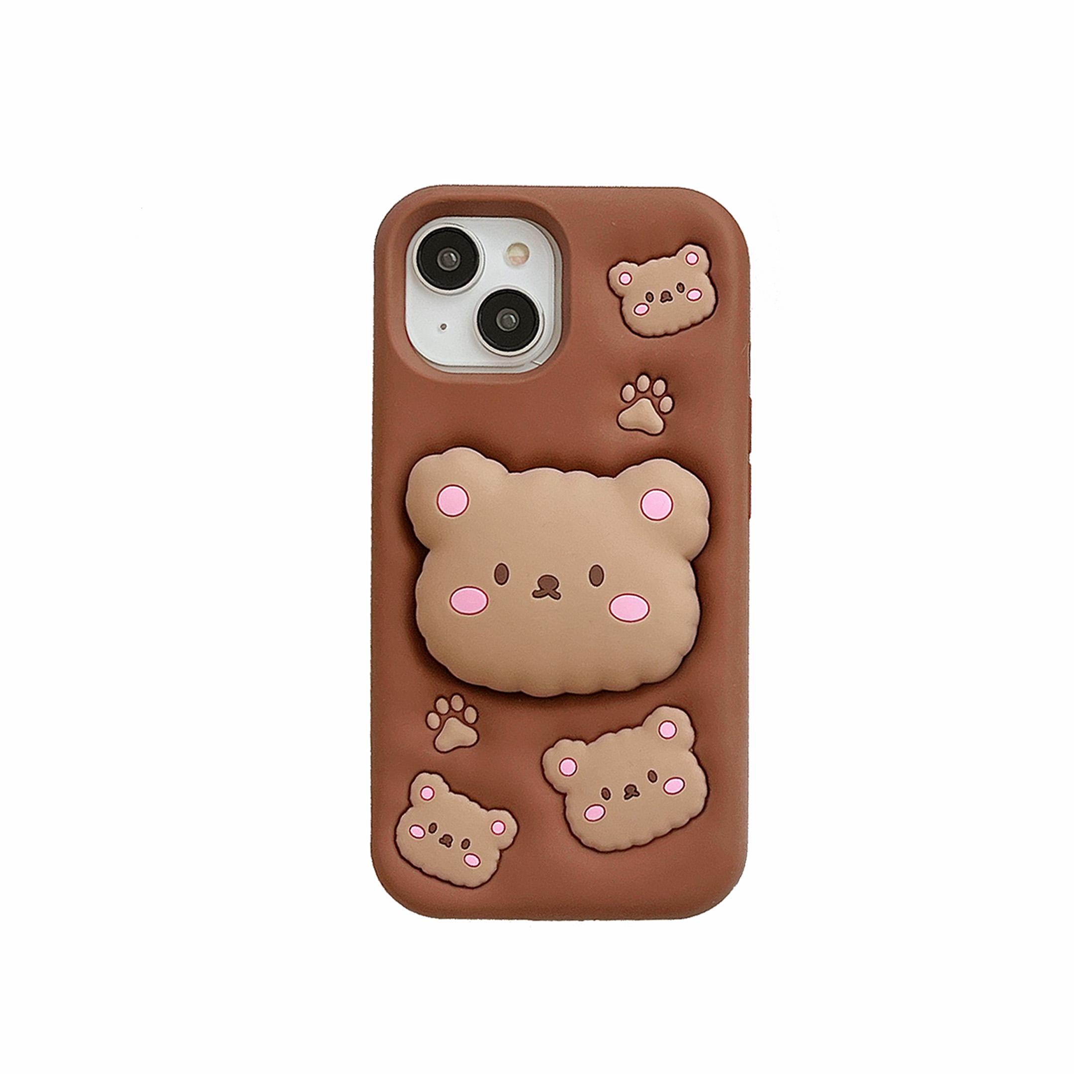 

3D Silicone Case for iPhone 13 , 14 ,15 ,16 ,17 Pro Max Cute Cartoon Soft Phone Back Cover with a telescopic bracket For iPhone 13 коричневый