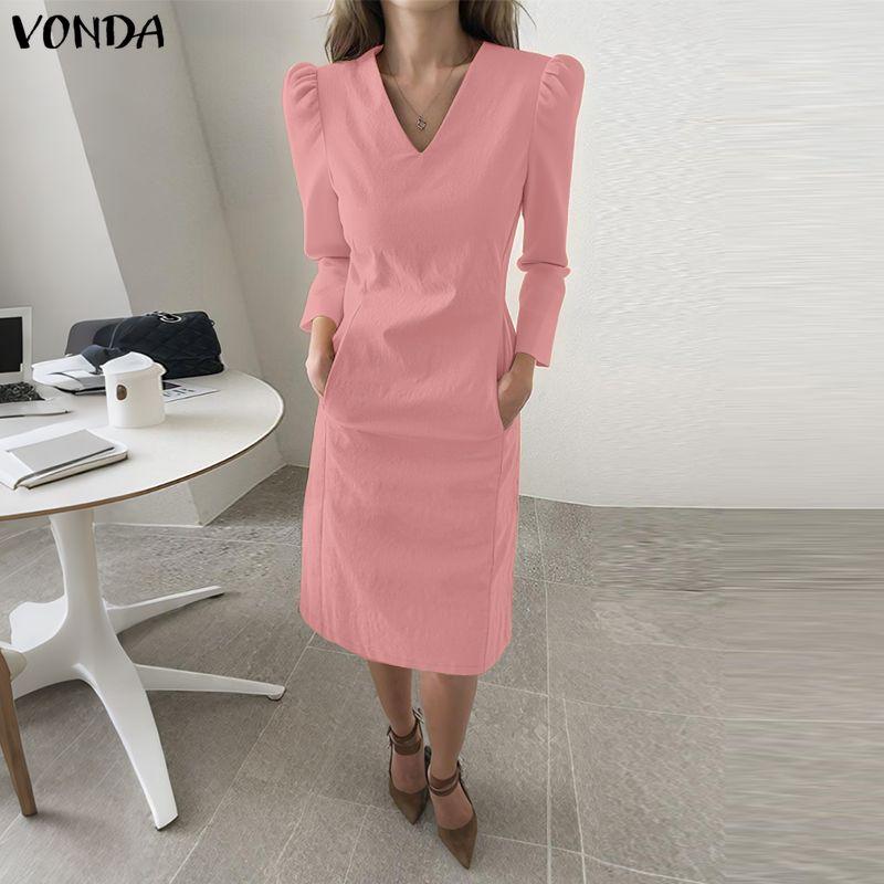 VONDA Rochie Elegantă Casual pentru Femei cu Gât în V, Mâneci Lungi, Midi Lungă, de Birou