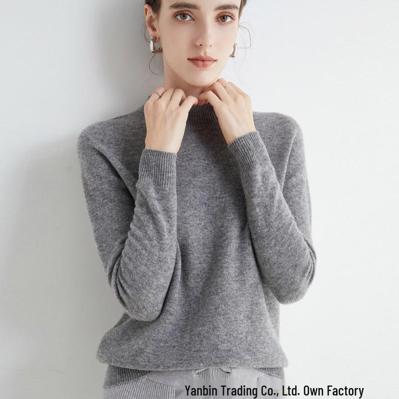 Women's Slim-Fit Autumn Sweater: Fashionable Half-High Neck, Versatile Pure Wool for Base Layer or Outerwear, Skin-Friendly