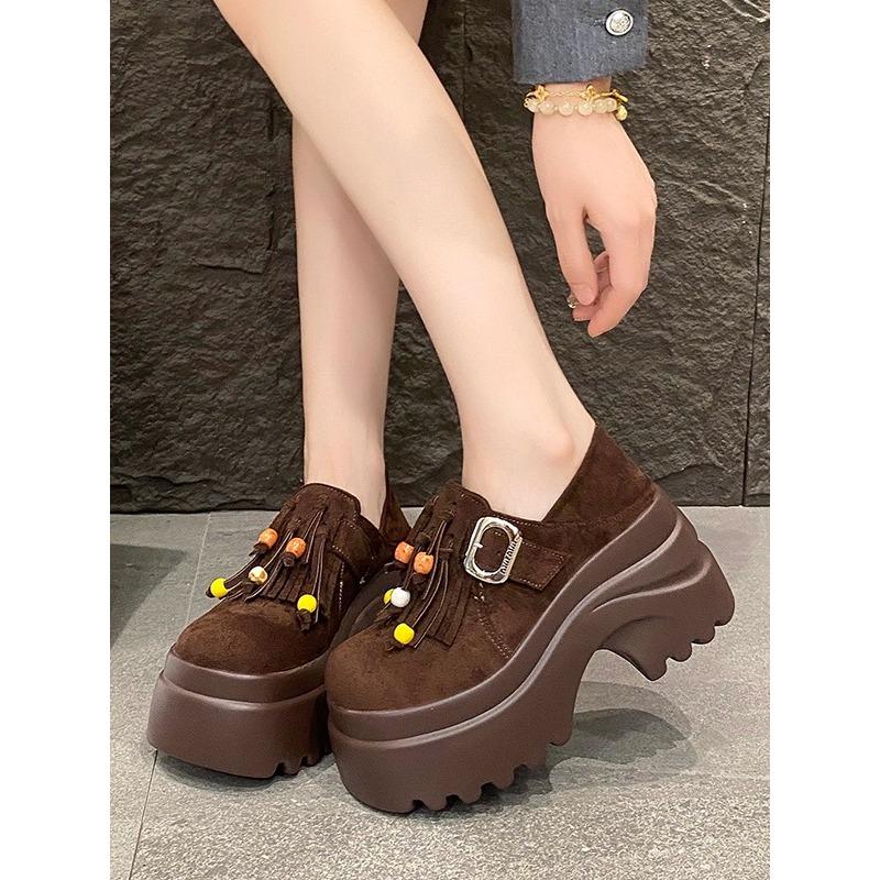 2025 Women's High Platform Leather Shoes New Spring 9CM Heels Chunky Sneakers Female Lace-up Loafers Walking Shoes Woman