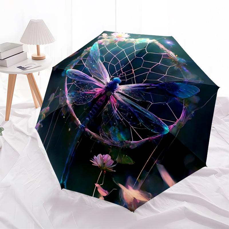 1pc Dragonfly Flowers Automatic Open/Close Umbrella with Folding feature Compact Travel Umbrella, Lightweight design, for Commuting, Business080