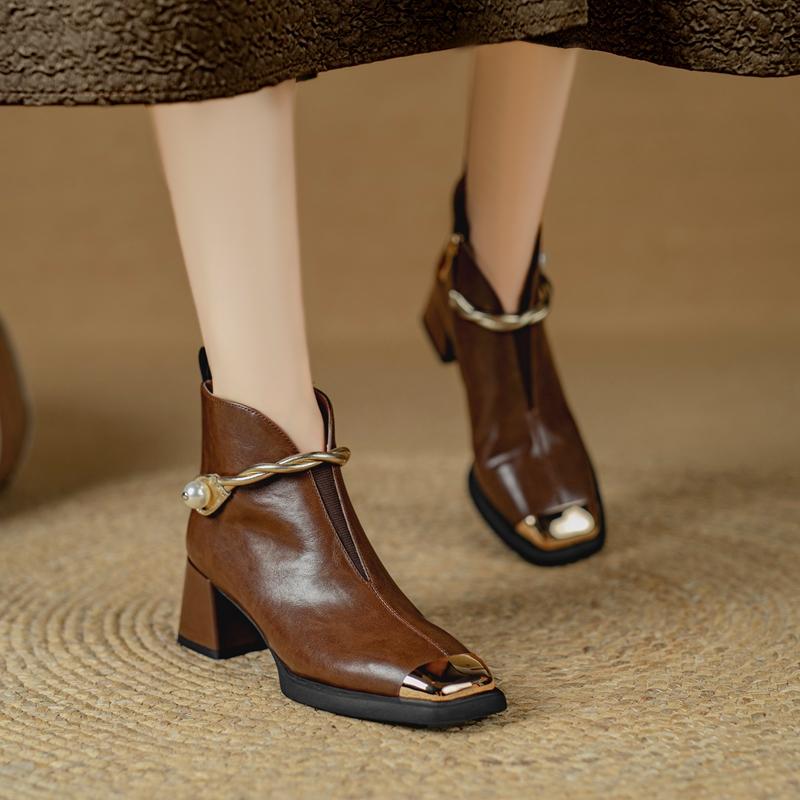 Fashion Women's New Autumn and Winter Square Toe Leather Cowhide Metal High-heeled Plus Size and Calf Elastic Fashion Short Boots
