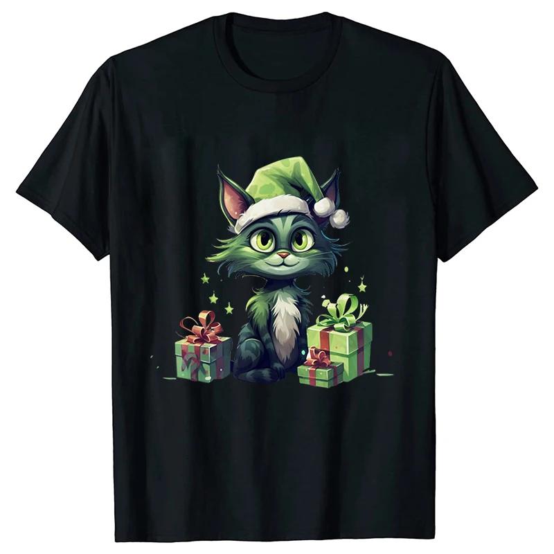 New Year Short Sleeve Tshirt Cute Cat Print Tops Fashion Xmas Unisex Tees Shirt Trend Graphic Christmas Male Oversized Clothing