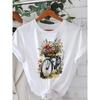 Europäische Größe Damen Kurzarm Rundhals T-Shirt mit Blumigem Fahrradmotiv, Lässiges Sportoberteil für Alle Jahreszeiten geeignet