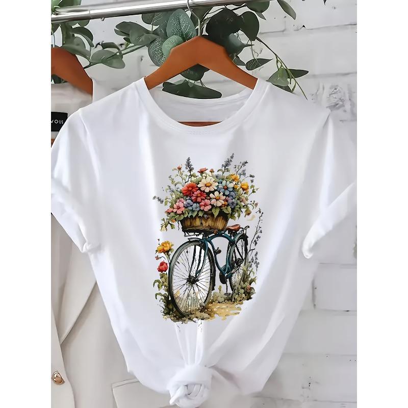 Europäische Größe Damen Kurzarm Rundhals T-Shirt mit Blumigem Fahrradmotiv, Lässiges Sportoberteil für Alle Jahreszeiten geeignet