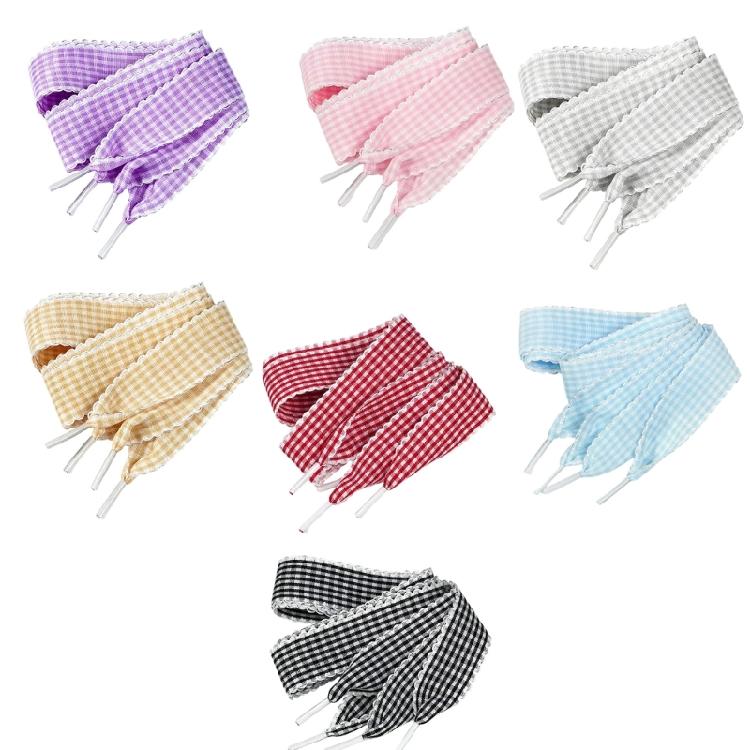Gingham Ribbon Shoelaces with Lace Trim for Trainers and Canvas Pairs, Flat Decorative Laces for Daily Styling