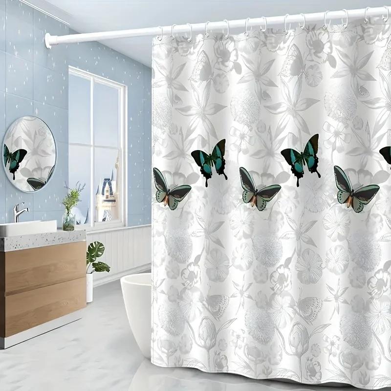 

Gray & White Floral Butterfly Shower Curtain - Ripplefold Top, Machine Washable Bath Decor For Bathroom & Window Accents W60H190(CM)-1 Pcs