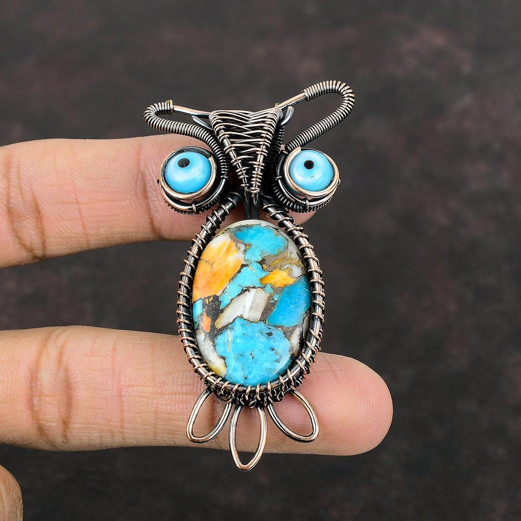 Spiny Oyster Copper Turquoise Pendant Copper Wire Wrapped Gemstone Pendant Blue Color Evil Eye Pendant Owl Pendant Handmade Copper Jewelry