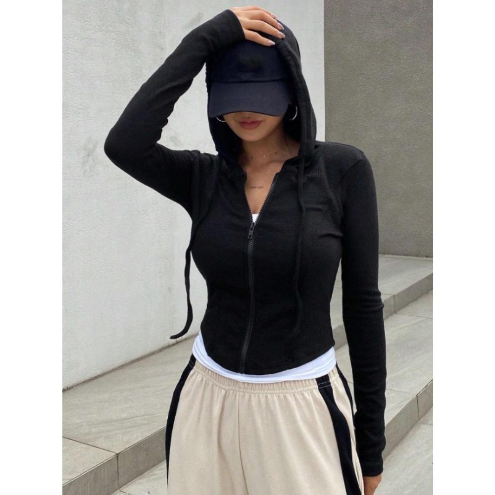 Módní dámská žebrovaná mikina s kapucí, Cropped top na zip s dlouhým rukávem, Univerzální ležérní top pro letní a jarní denní outfity