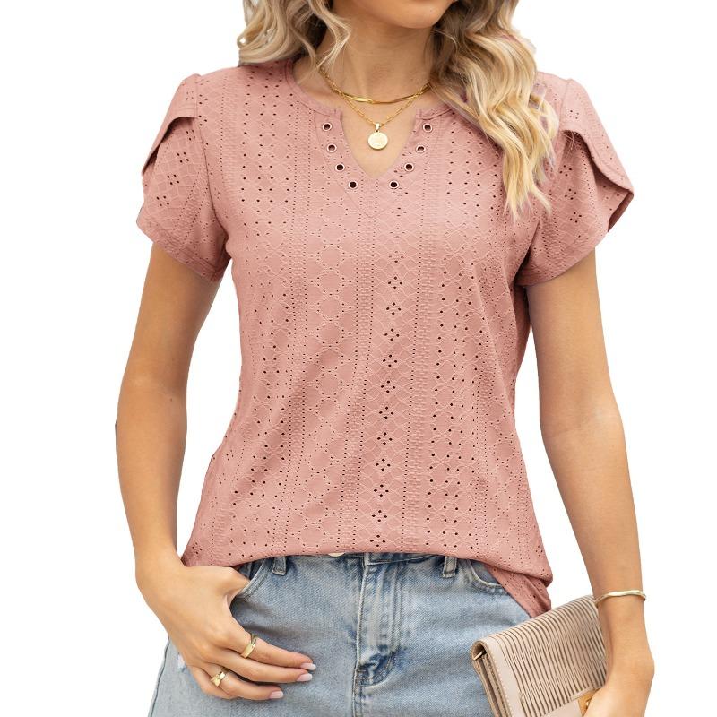 Fashion V-neck Button Hollow Loose Short Sleeved T-shirt Top for Women Shirt