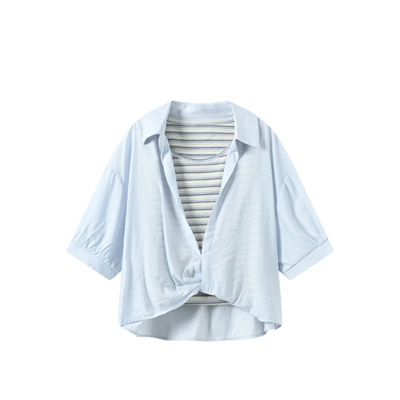 

Cara Club Plus size Shoulder Short sleeve Shirts Women Early Summer Wear Fat Sister Versatile Slimming Fake Two Pieces Top Blue(Suit) M((45-50kg))