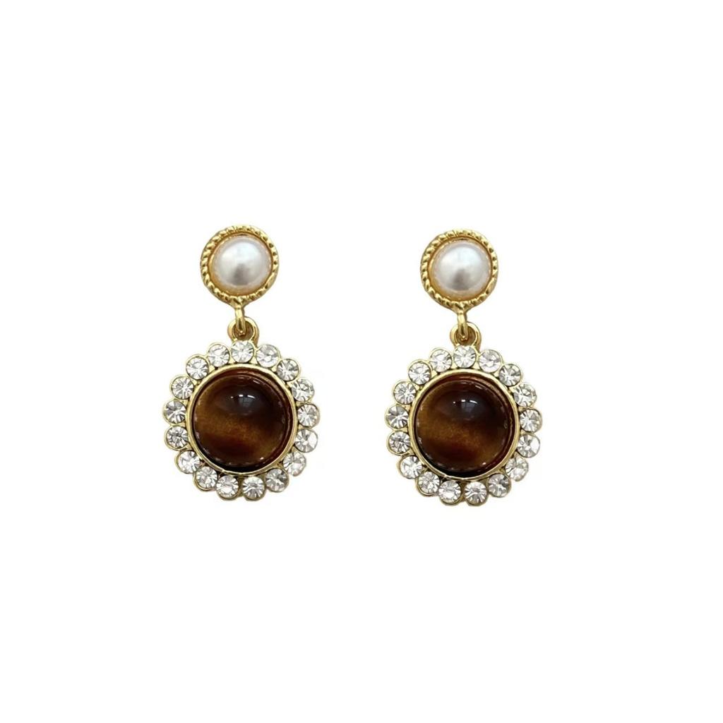 Maillard Tiger'S Eye Pearl Flash Diamond Round Earrings Women'S Light Luxury Niche Premium Stud Earrings French Retro Earrings