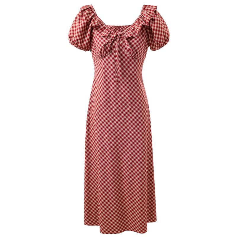 Women s Plaid French A-Line Midi Dress L