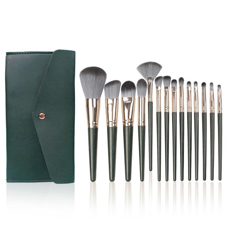 14-Piece Green Makeup Brush Set with Soft Bristles – Includes Powder, Foundation, and Blush Brushes.