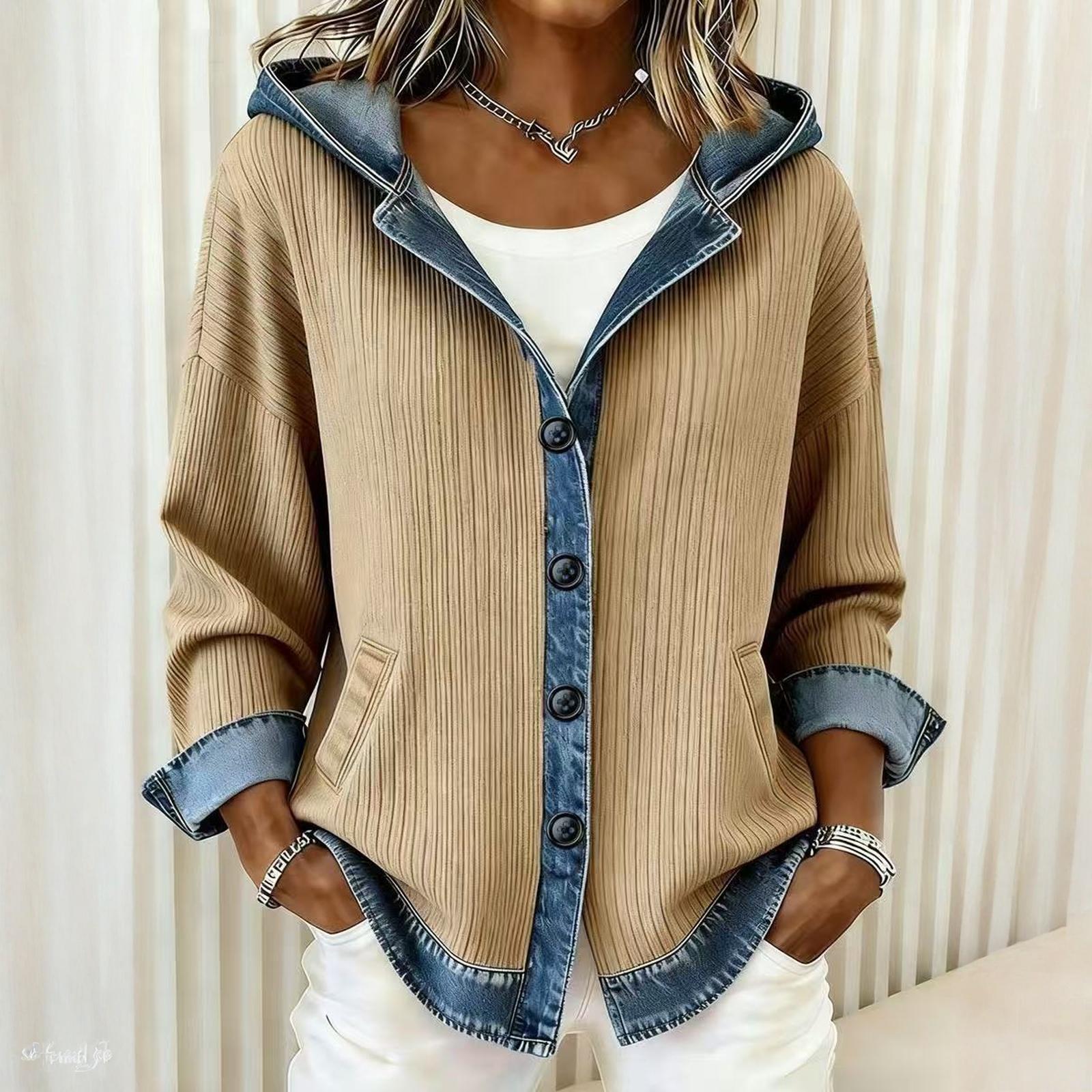 

Women s Plaid Denim Collared Sweatshirt Patchwork Denim Sweater Pullovers Long Sleeve For Women L бежевий