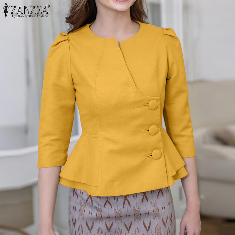 ZANZEA Women Casual Round Neck Summer 3/4 Sleeve Solid Blouse
