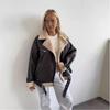 Damen Kunstleder Motorradjacke Mit Pelzkragen Winter Warm Übergroßer Mantel
