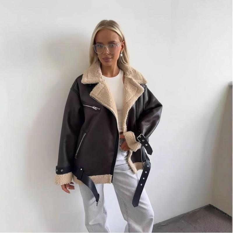 Damen Kunstleder Motorradjacke Mit Pelzkragen Winter Warm Übergroßer Mantel
