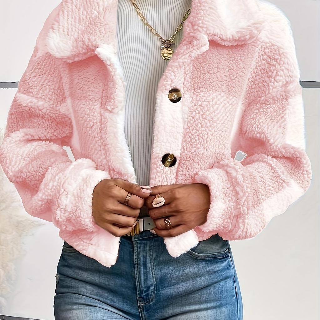 Plaid Pattern Button Front Teddy Coat All-match Long-sleeved Winter Warm Jacket Women's Clothing