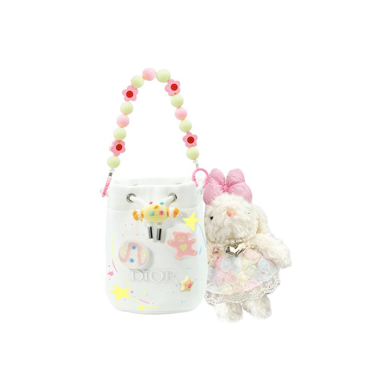 DIOR [Customized Cosmetic Bag] Canvas Sweet Dream Bubble Customized Storage Carrying Hook Beige Drawstring Pocket Drawstring Bucket Type бежевый