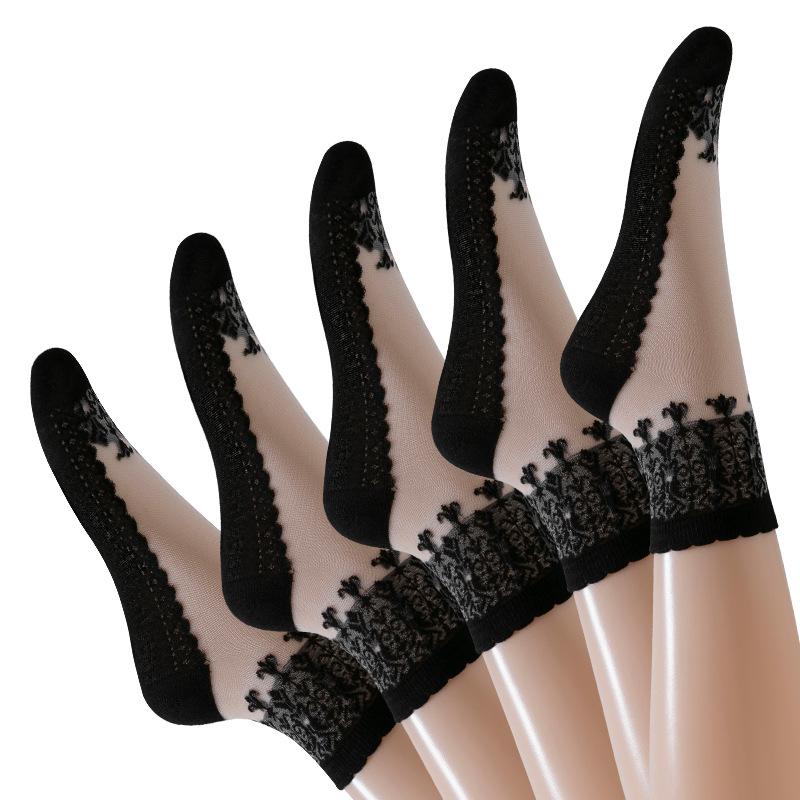 

Женские летние кружевные носки из хлопка с кружевом, износостойкие, дышащие, нескользящие, средней длины, из хрустального шелка 1 pair