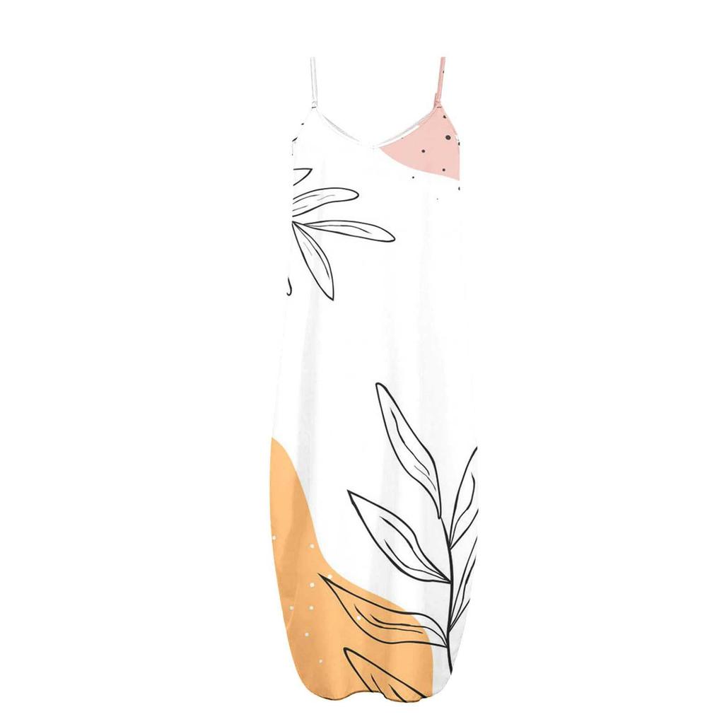 Womens Fashion Summe Sun Dresses Long Spaghetti Adjustable  Strap Sleeveless Floral Casual Long Maxi Dress For Women With Pockets