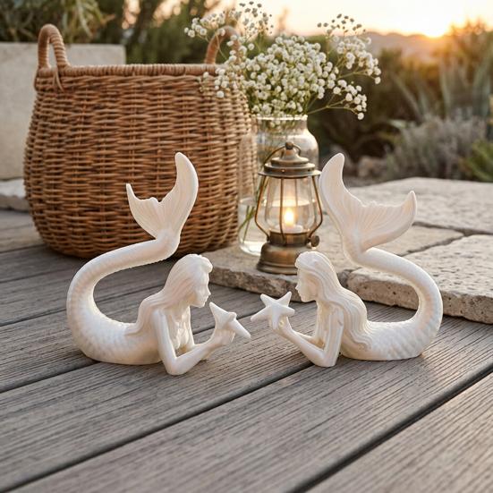 Desktop Ornament for Office 3D Printed Mermaid & Starfish Figurine, Exquisite Sculpture, Ocean Literary Style Room Decor Theme Home Fish Tank