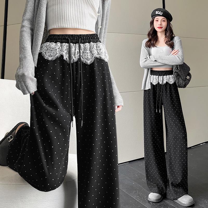 Spring 2025 Women's High-Waist Polka Dot Wide-Leg Sweatpants with Lace Trim