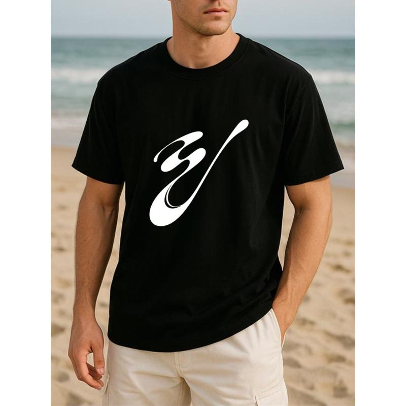 European sizes Watercolor Letter Minimalist Art Style Fashionable  T-shirt, Round-neck Top, Men's Clothing