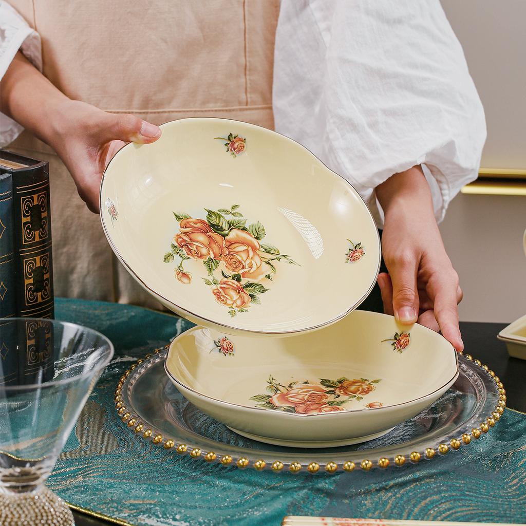 2pcs Elegant European-Style Ceramic Serving Plate - Golden Detail And Rose Pattern, Versatile for Steak, Pasta, Soup, Salad, Fru