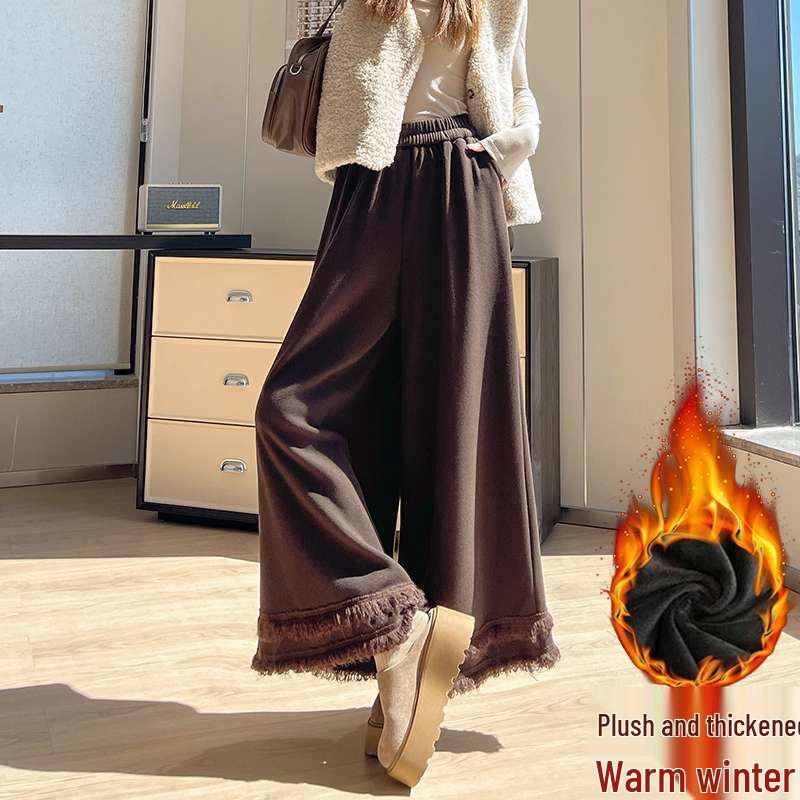 

2026 Autumn Tassel Wide-Leg Velvet Pants - High Waist, Slimming Fit for Women s Autumn/Winter XL кофейный