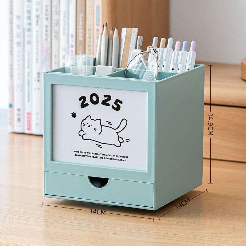 360-degree Rotating Desk Calendar Pen Holder Cute Cat Desktop Stationery Organizer Multi Functional Desk Calendar