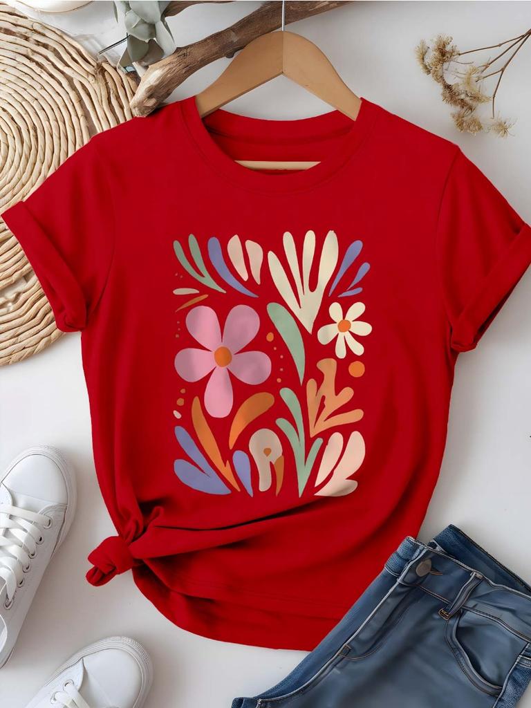 Artistic Floral Graphic Print Women T-shirt Chic Fresh Trendy Summer Cotton Short Sleeve Tee