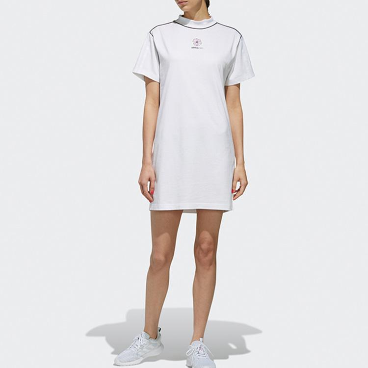 Adidas Neo Logo Solid Color Breathable Sports Casual Short Sleeve Dress Women Dresses White EJ7094