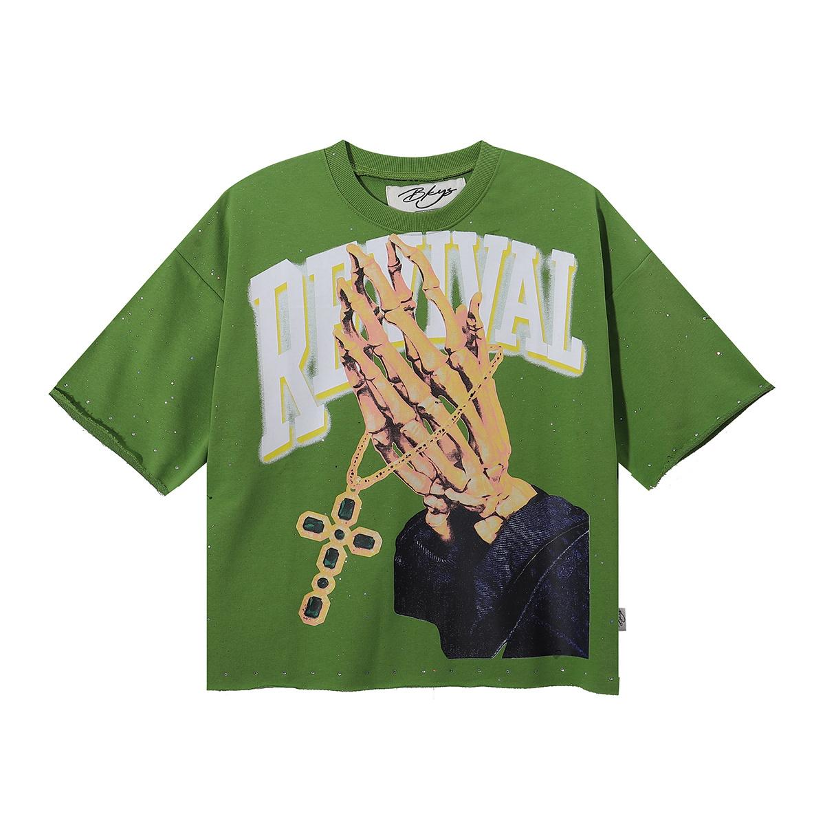 

2026 Summer Men s Oversize T-Shirt, Skeleton Praying Hands Cross Print Gothic Dark Street Short Sleeve Tee With Revival Letter XL зелений
