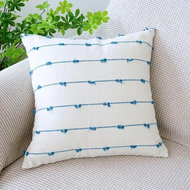 Line Linen Pillow/Cushion Covers European with Tassels Throw Pillow Sham 18x18 Home Decor Square Decorative for Couch Kids Bed