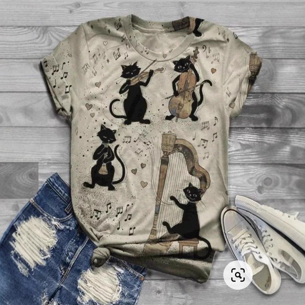 Summer Round Neck 3D Retro Cat Pattern Print Top Fashionable Casual Short Sleeved Women's T-shirts