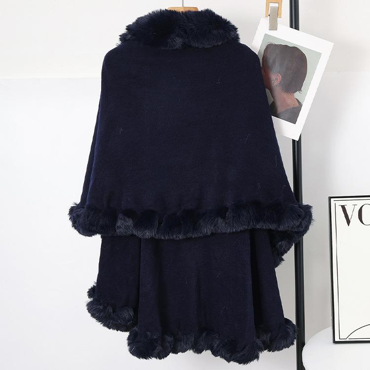 Women Double‑Layer Faux Fur Trim Poncho Shawl Winter Warm Open Front Cape Outerwear